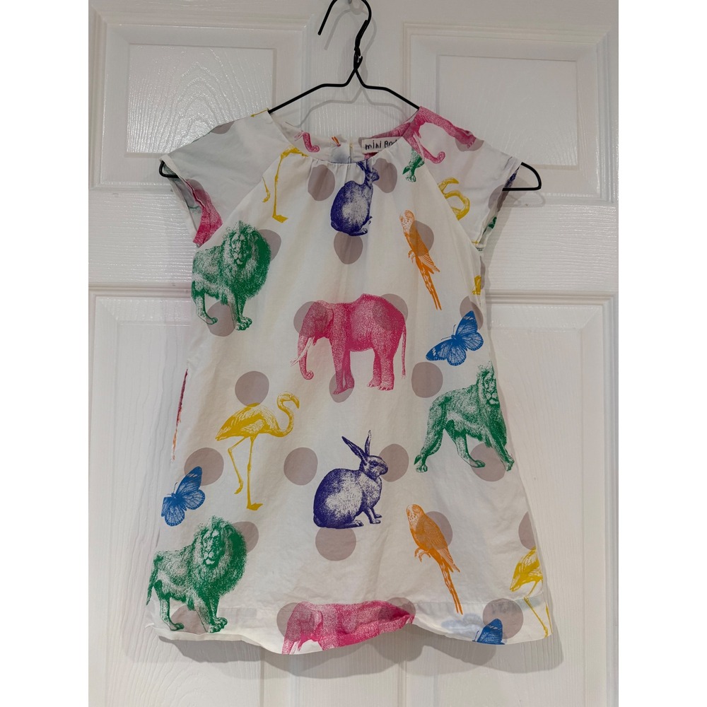 Mini Boden Girls Animal Polka Dot Print Cotton Dress Multi Color Whimsical Zoo